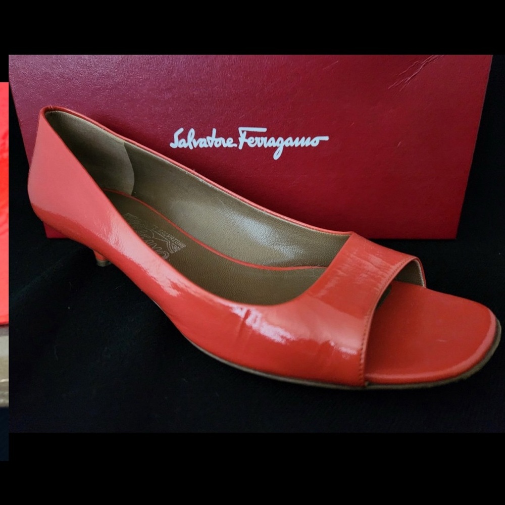 Salvatore Ferragamo Women's Red Coral Peep Toe Heels 9.5B in box